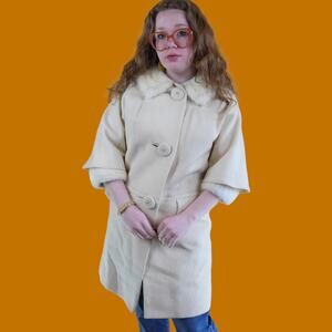 Vintage 50s 60s Cream Button Up Coat with Real Fur Collar and Cuffs, M